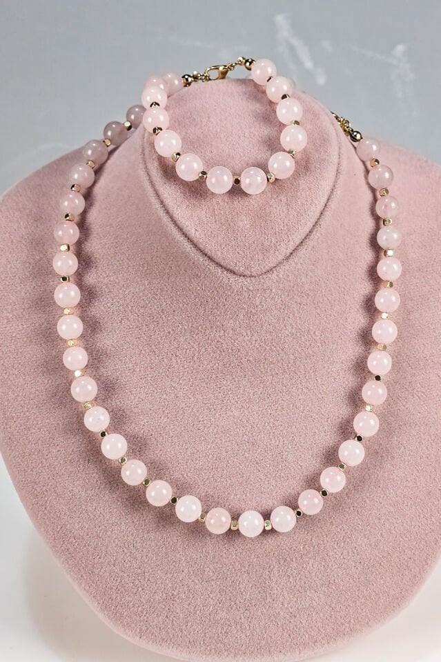 Pembe Kuvars Kolye Bileklik Set(4.Çakra/Kalp Çakrası Taşı)