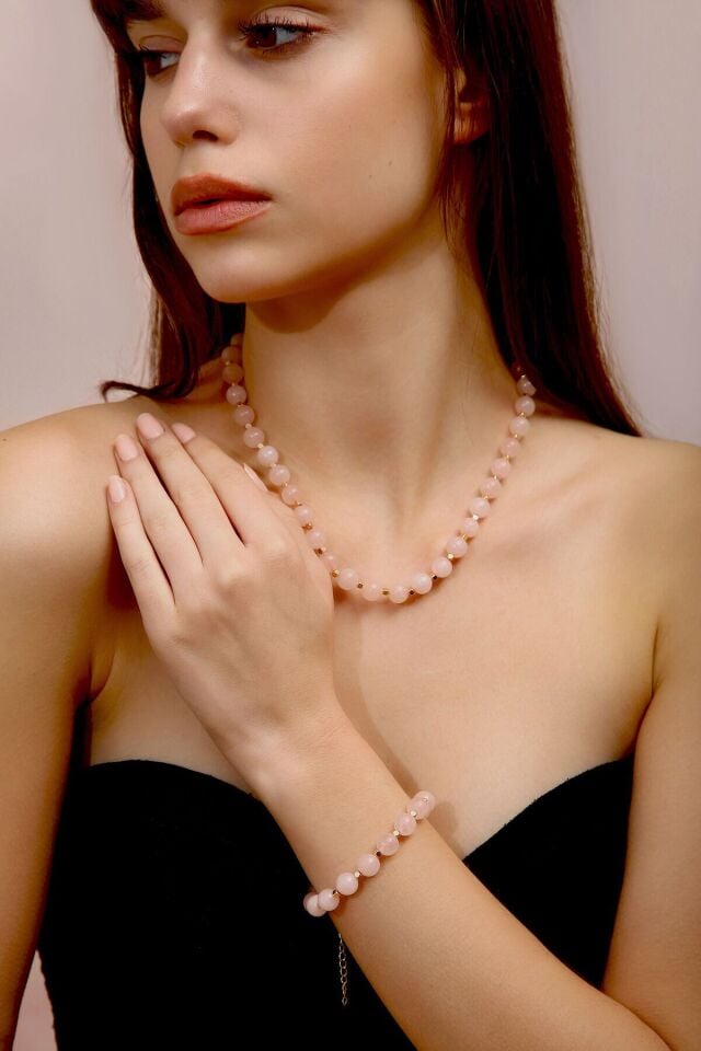 Pembe Kuvars Kolye Bileklik Set(4.Çakra/Kalp Çakrası Taşı)