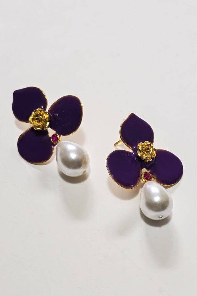 Üç Yapraklı İnci Küpe-Mor