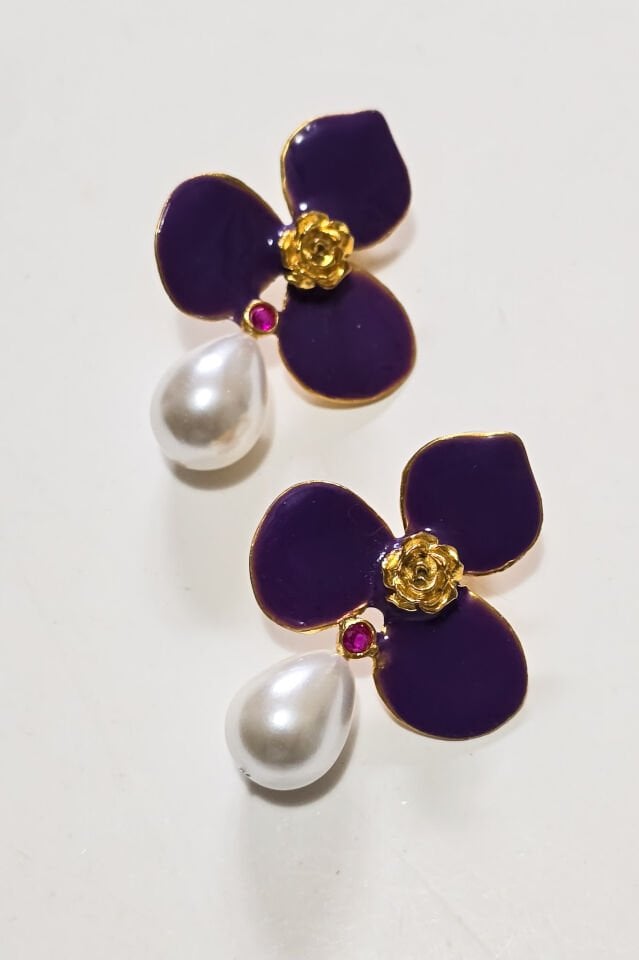 Üç Yapraklı İnci Küpe-Mor