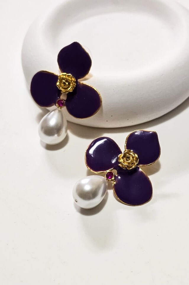 Üç Yapraklı İnci Küpe-Mor