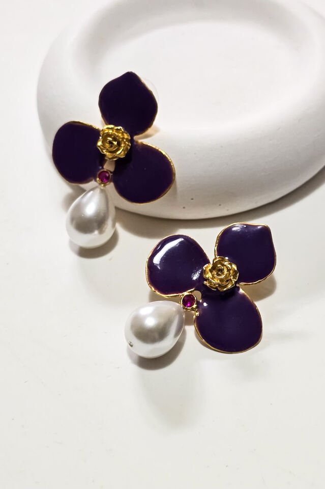 Üç Yapraklı İnci Küpe-Mor