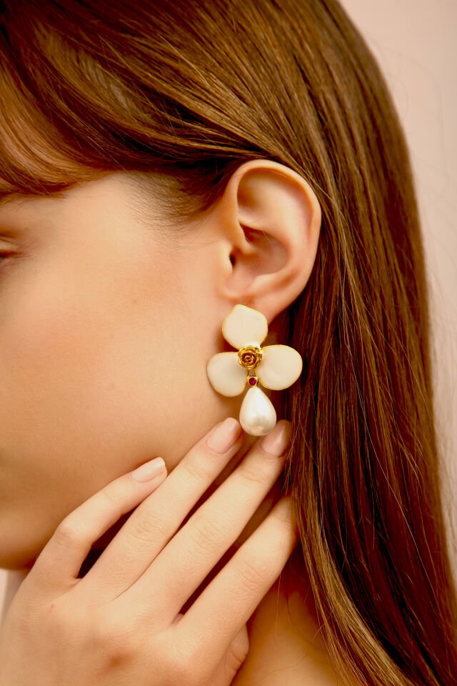 Üç Yapraklı İnci Küpe-Mor