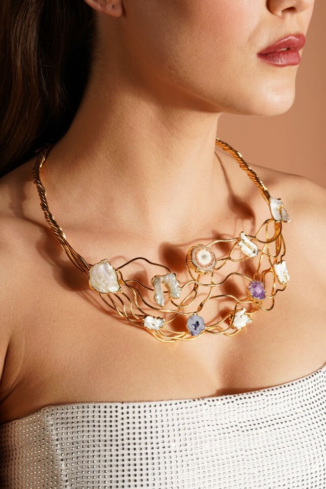 Flora Kolye  İnci ve Agat Taşlı