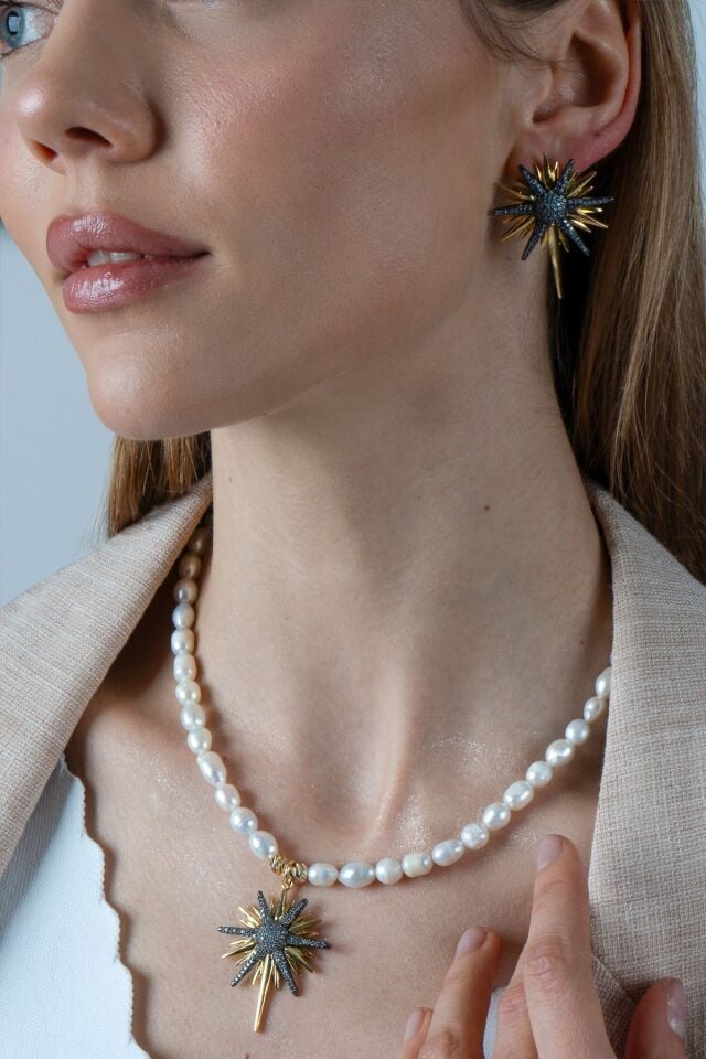 İncili Kuzey Yıldızı Kolye Siyah