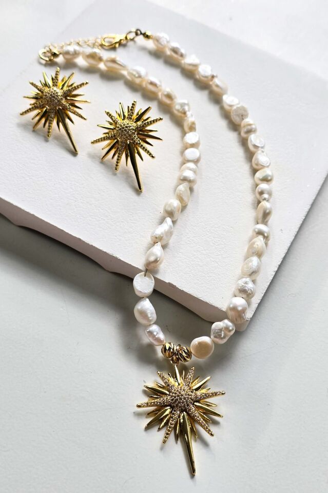 İncili Kuzey Yıldızı Kolye Gold