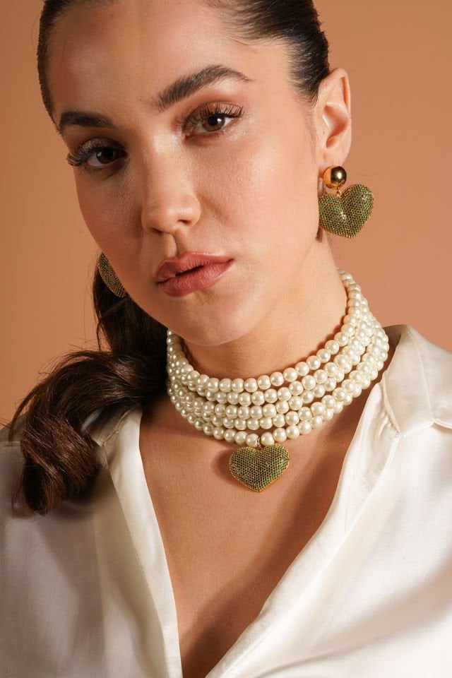 Kalp ve İncili Kolye Küpe Seti