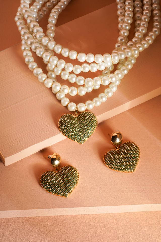 Kalp ve İncili Kolye Küpe Seti