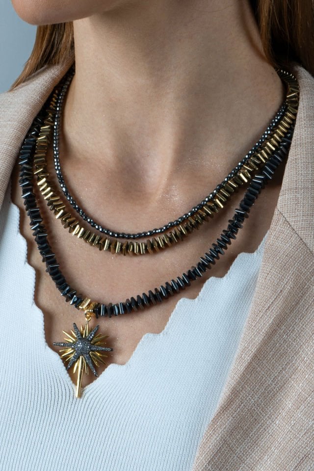 Kuzey Yıldızı Hematit Kolye Sallantılı Küpe Set