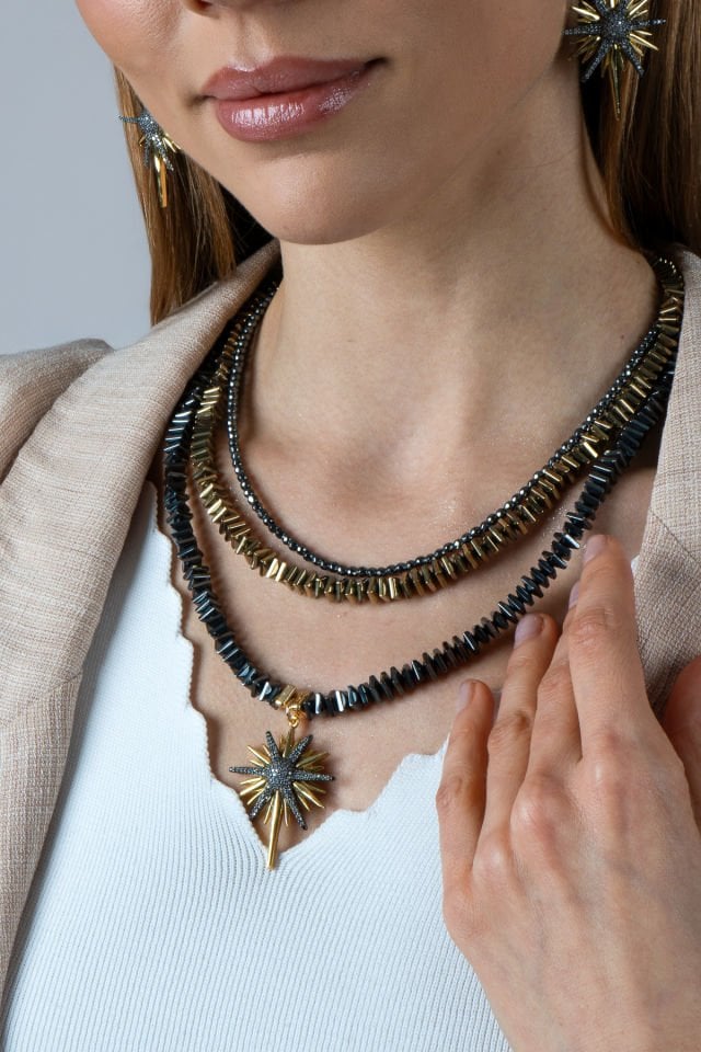 Kuzey Yıldızı Hematit Kolye Sallantılı Küpe Set