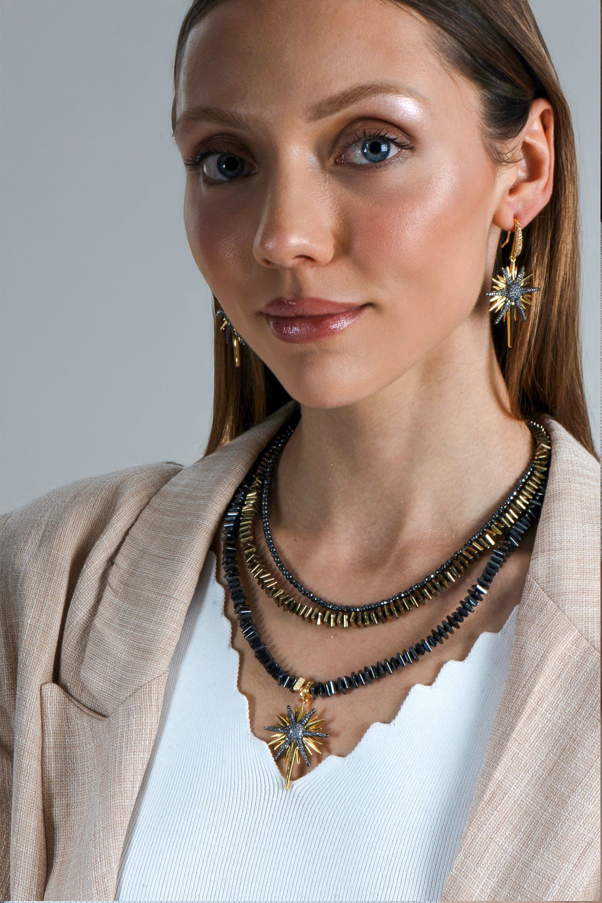 Kuzey Yıldızı Hematit Kolye Sallantılı Küpe Set