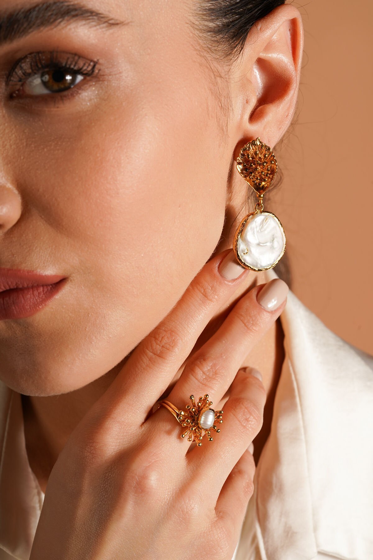 İnci Küpe Yüzük Set