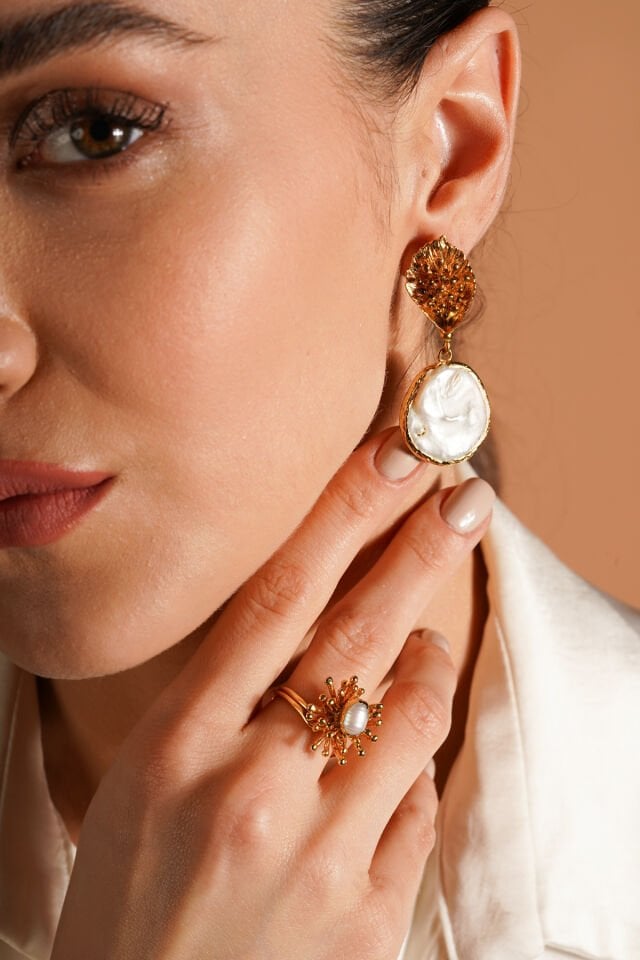 İnci Küpe Yüzük Set