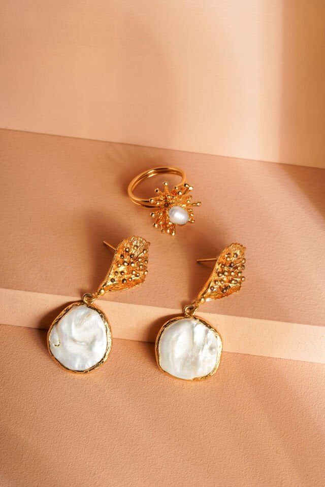 İnci Küpe Yüzük Set