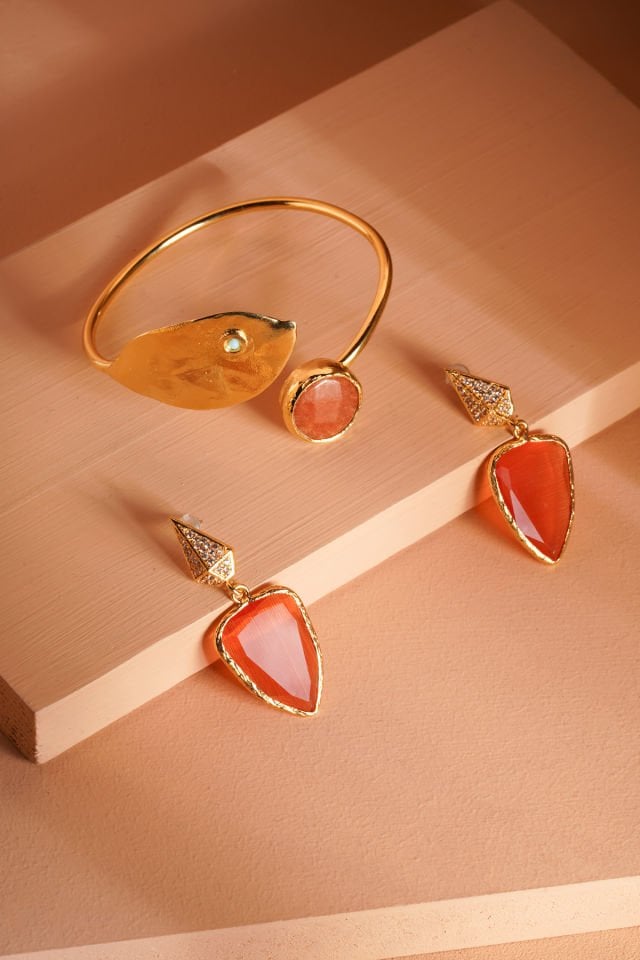 Agat Taşı Bileklik Kedi Gözü Küpe Seti