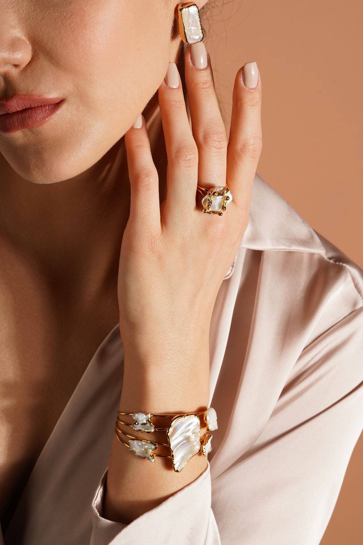 İnci Kelepçe Yüzük Küpe Seti