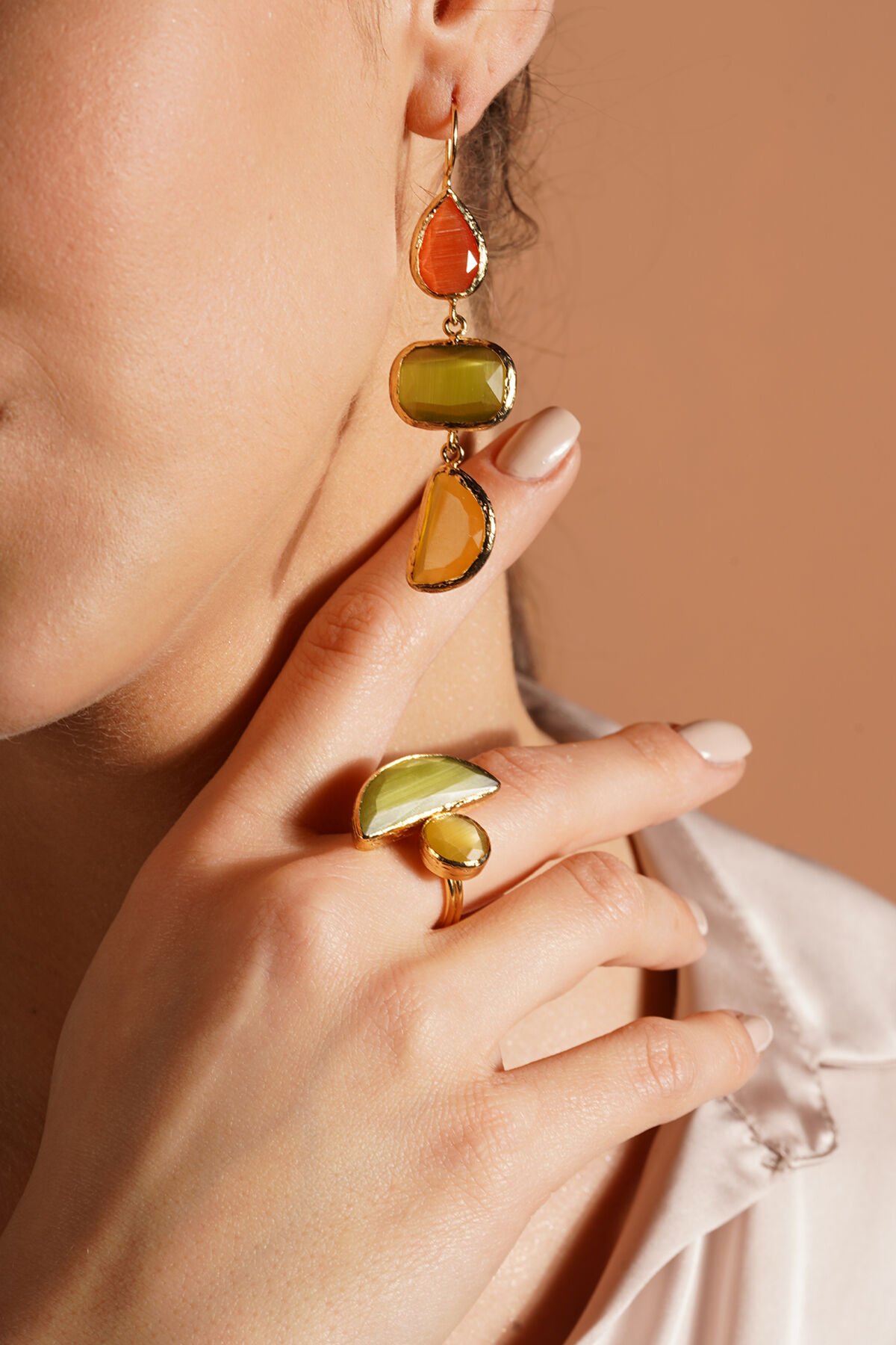 Kedi Gözü Küpe Yüzük Set