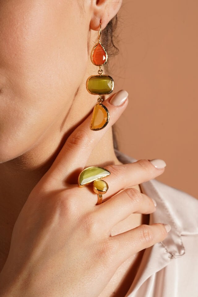 Kedi Gözü Küpe Yüzük Set