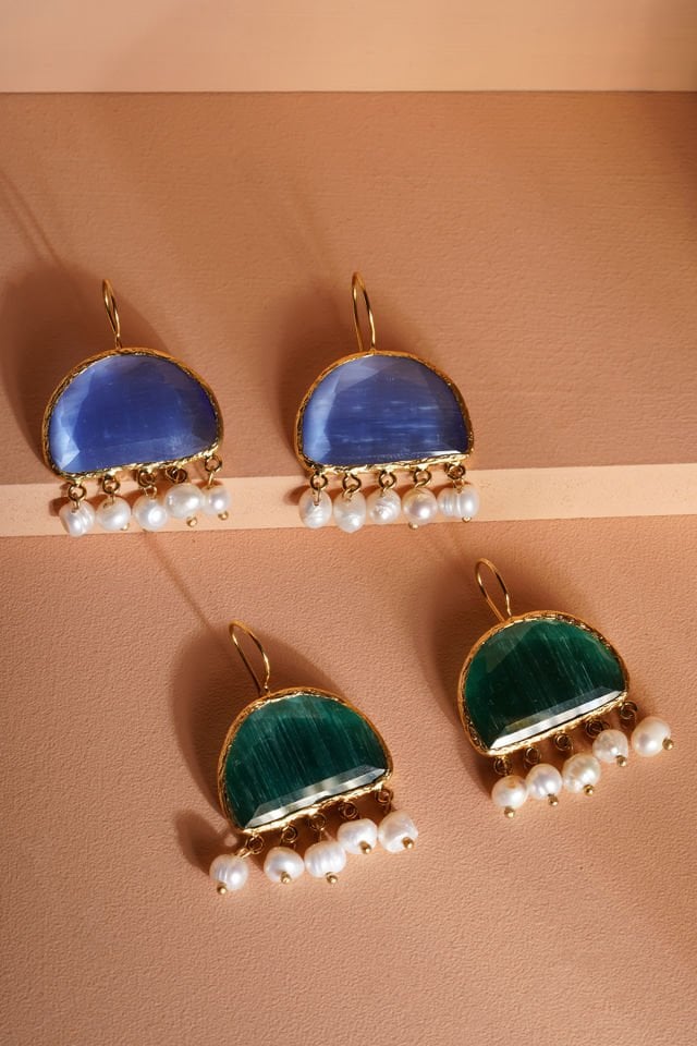 İncili Kedi Gözü  Yarım Ay Küpe