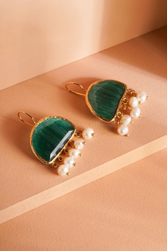 İncili Kedi Gözü  Yarım Ay Küpe