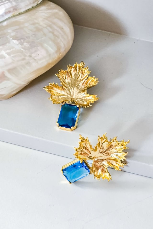 Turkuaz Taşlı Yaprak Küpe