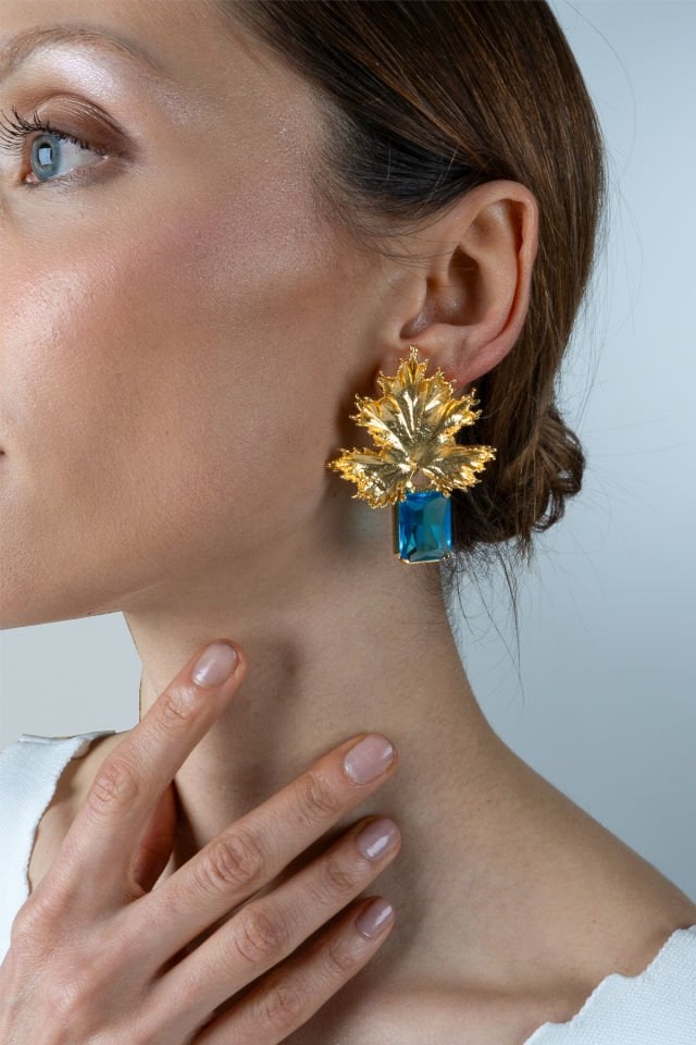 Turkuaz Taşlı Yaprak Küpe