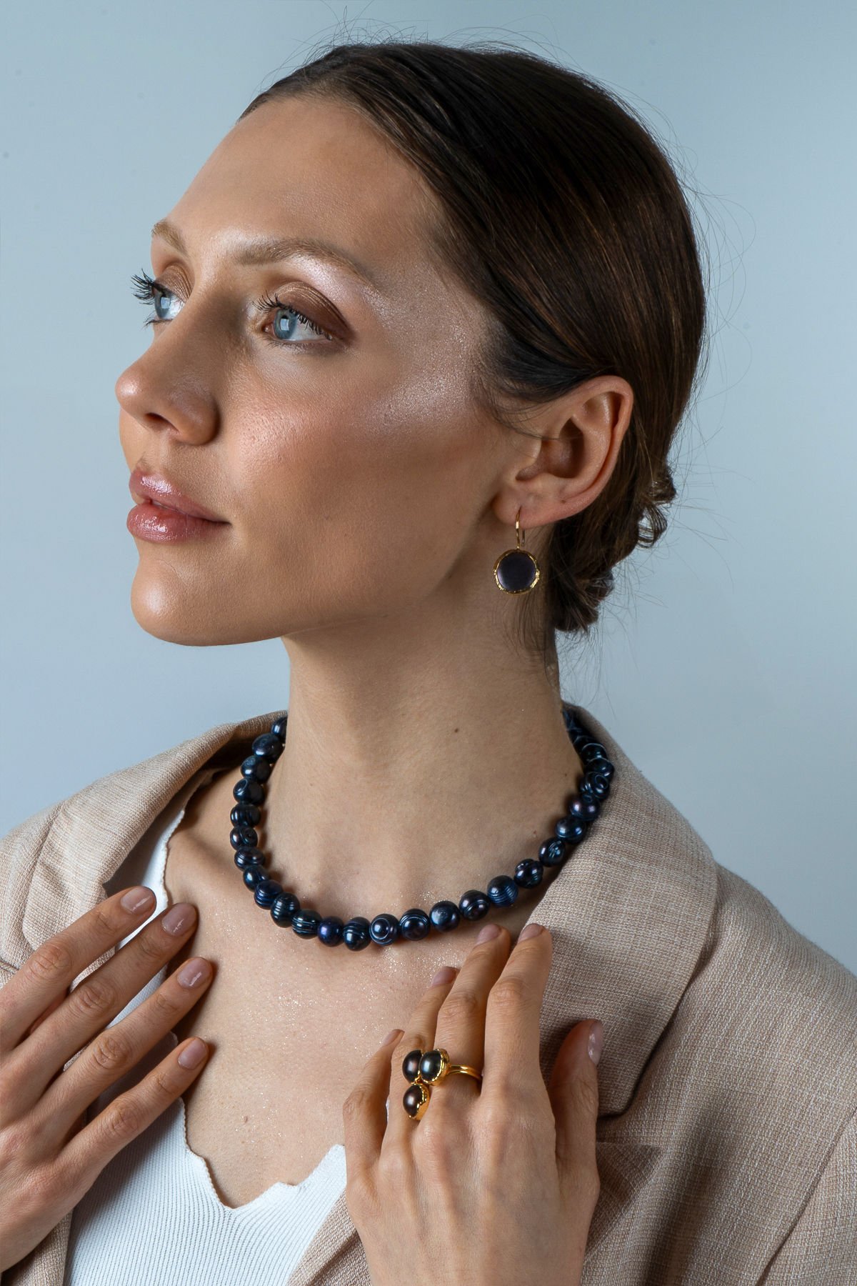 Siyah İnci Kolye Küpe Yüzük Seti