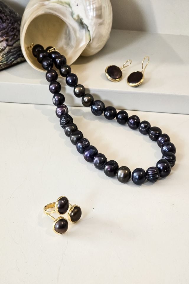 Siyah İnci Kolye Küpe Yüzük Seti