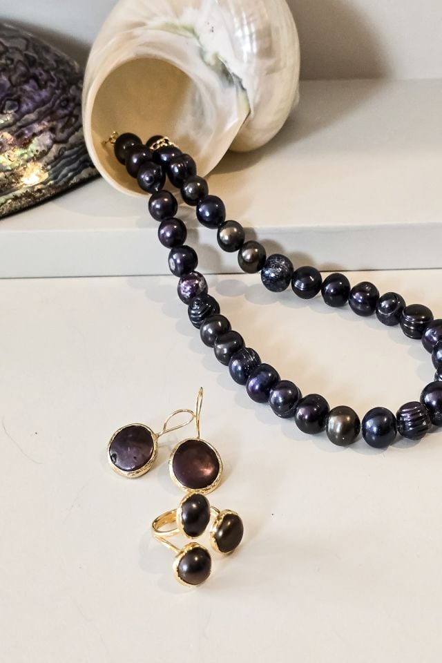 Siyah İnci Kolye Küpe Yüzük Seti