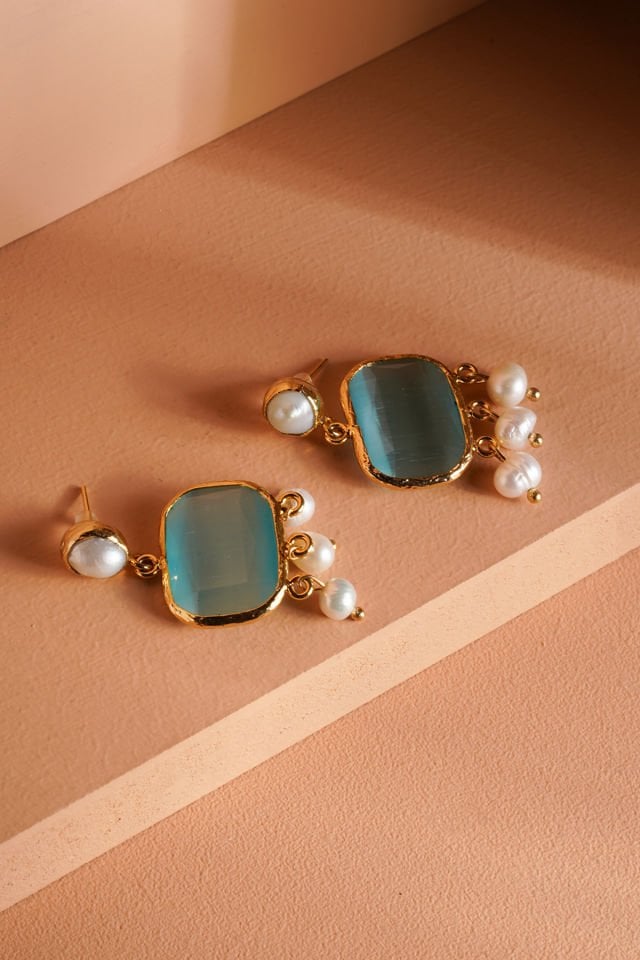 İncili Kedi Gözü Küpe Turkuaz