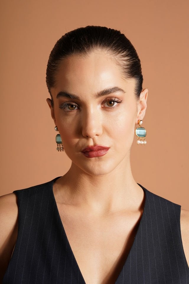 İncili Kedi Gözü Küpe Turkuaz