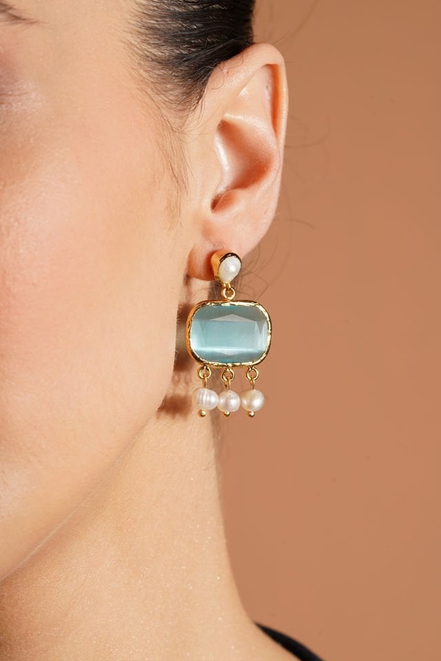 İncili Kedi Gözü Küpe Yeşil