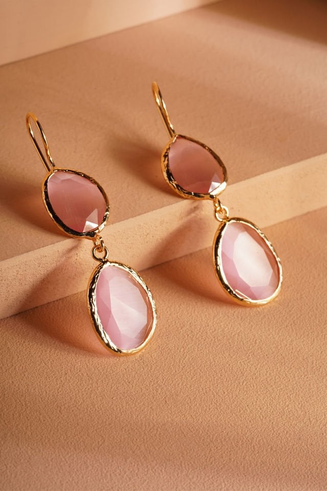 Çift Taşlı Kedi Gözü Küpe Pembe