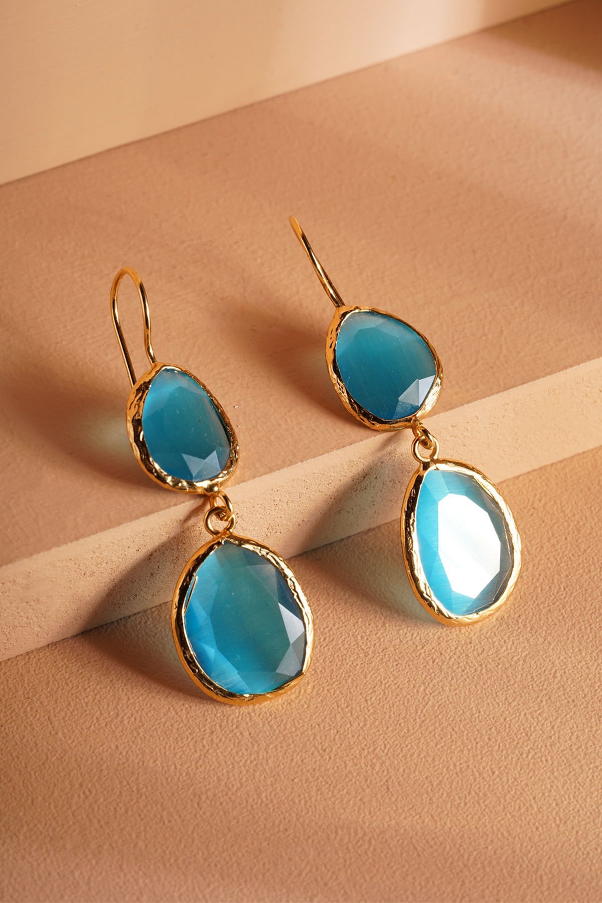 Çift Taşlı Kedi Gözü Küpe Turkuaz