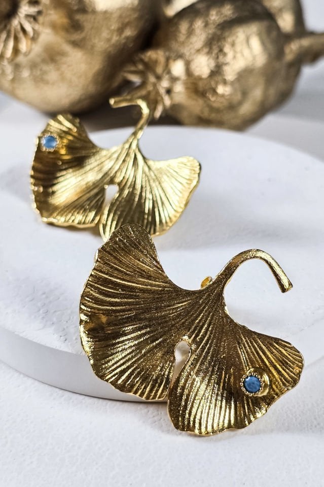 Turkuaz Taşlı Ginko Küpe