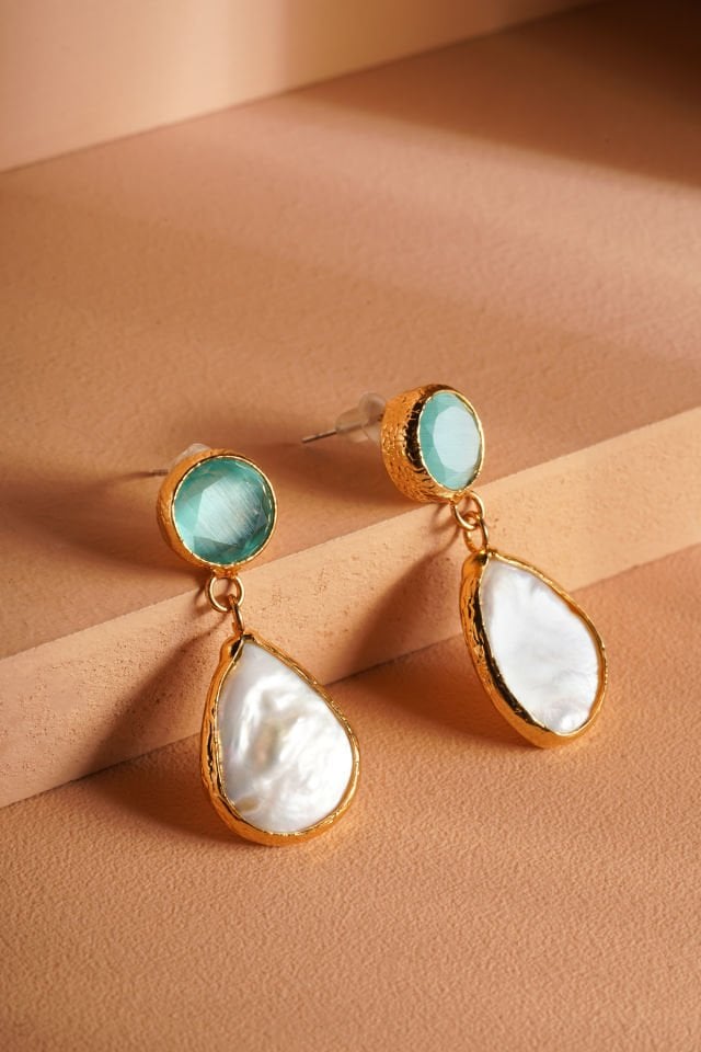 Kedi Gözü Taşlı İnci Küpe Yeşil