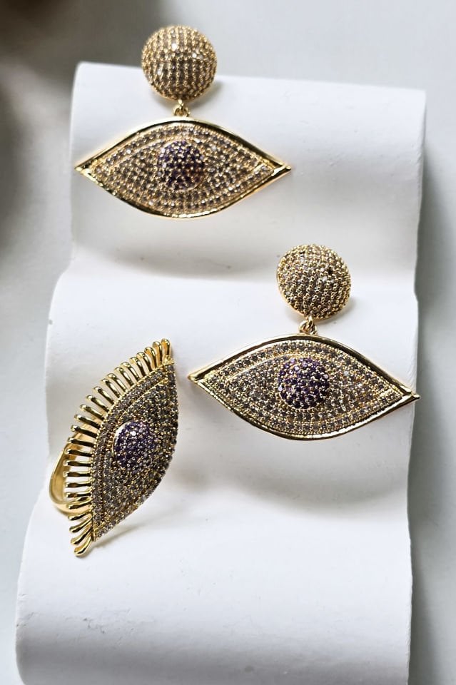 Mor Göz Küpe Yüzük Set