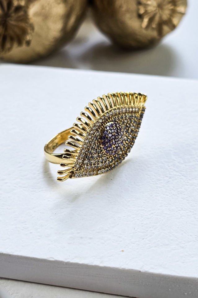 Mor Göz Küpe Yüzük Set