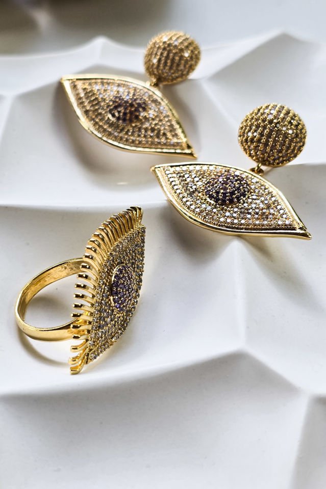 Mor Göz Küpe Yüzük Set