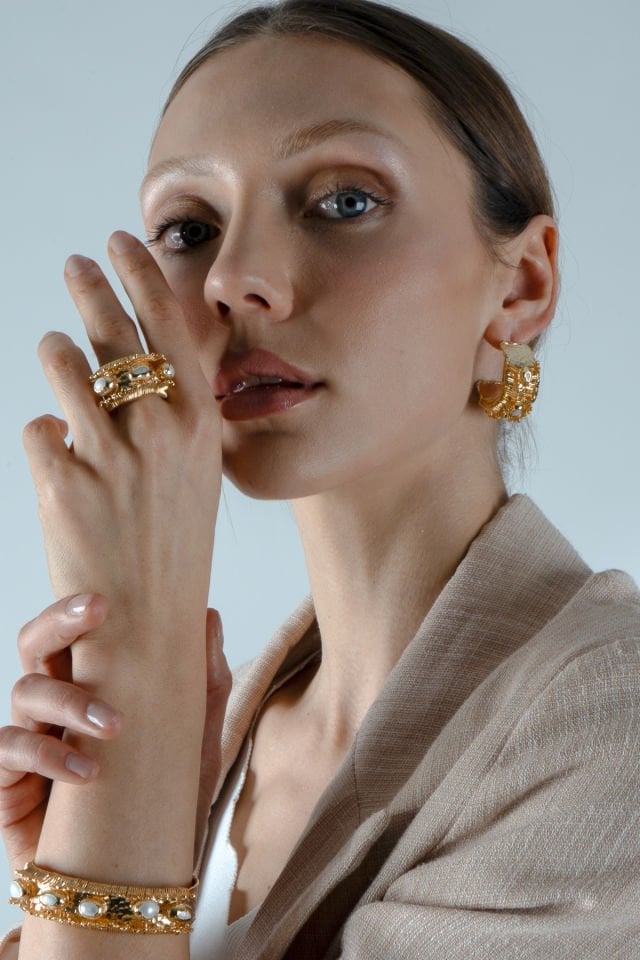 İncili Küpe Bileklik Yüzük Set