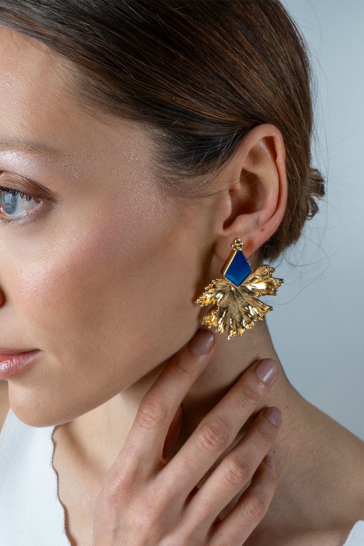 Lacivert Kedi Gözü Yaprak Küpe