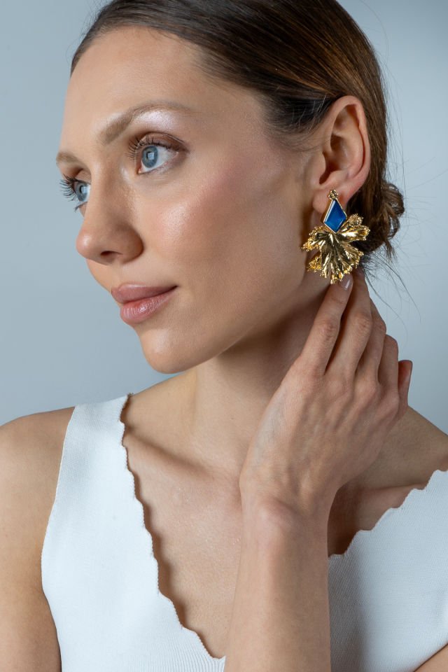 Lacivert Kedi Gözü Yaprak Küpe