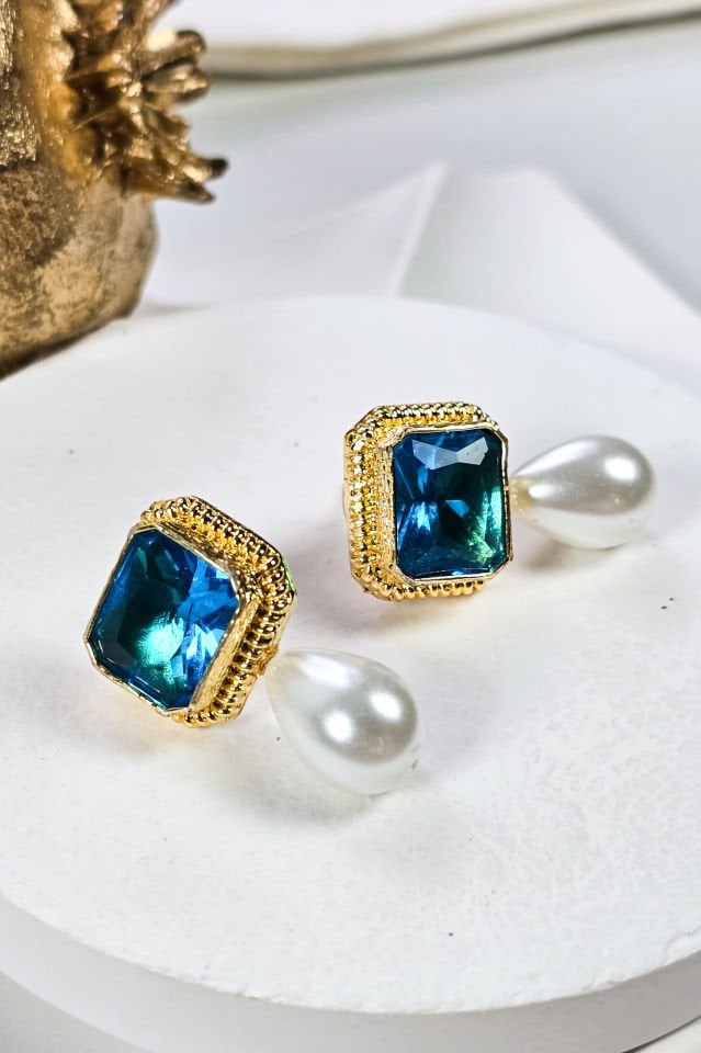 Mavi Taşlı İnci Küpe