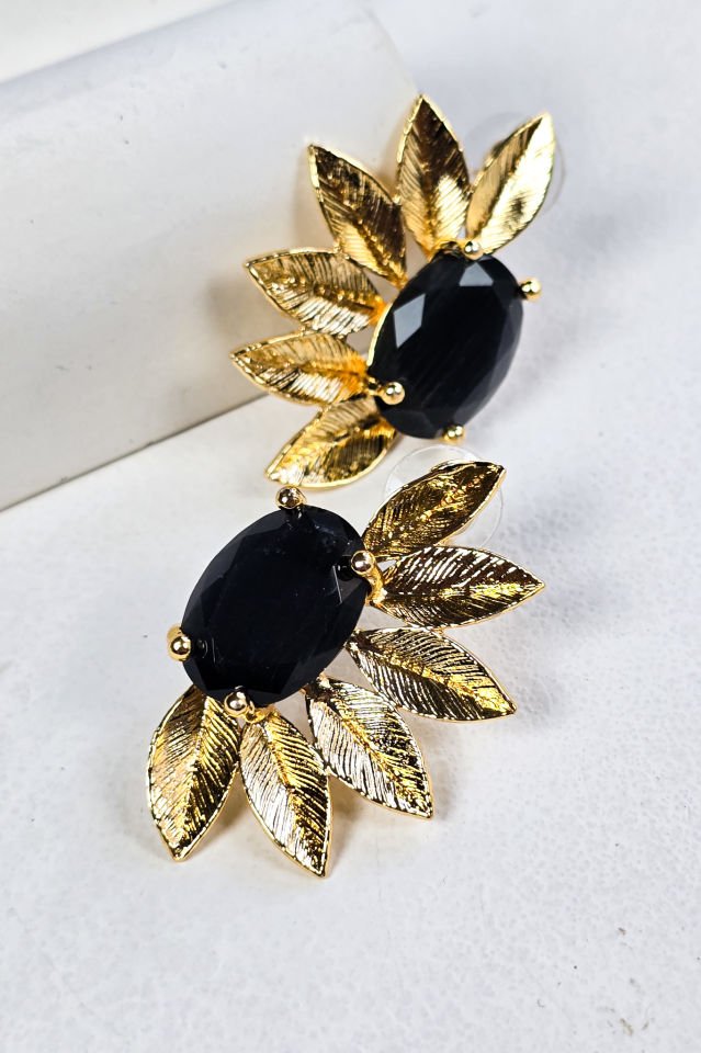 Kedi Gözü Taşlı Çiçek Küpe Siyah