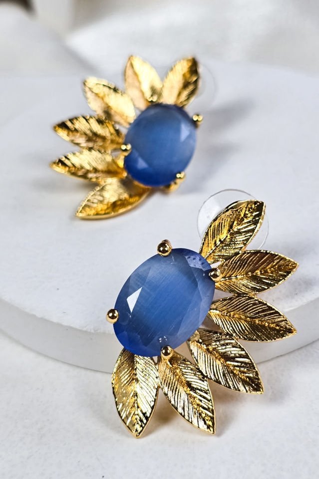 Kedi Gözü Taşlı Çiçek Küpe Mavi