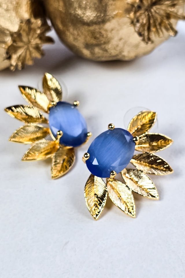 Kedi Gözü Taşlı Çiçek Küpe Mavi