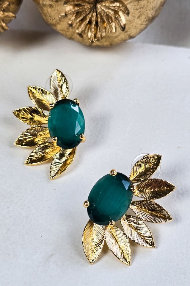 Kedi Gözü Taşlı Çiçek Küpe Yeşil