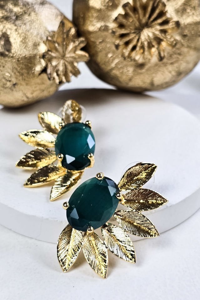 Kedi Gözü Taşlı Çiçek Küpe Yeşil