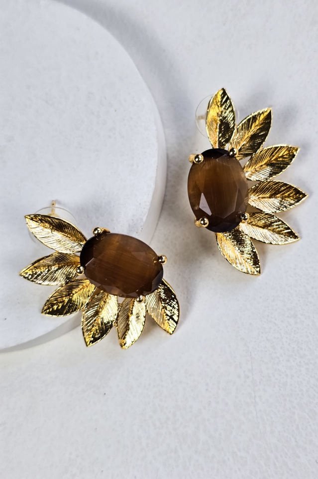 Kedi Gözü Taşlı Çiçek Küpe kahverengi