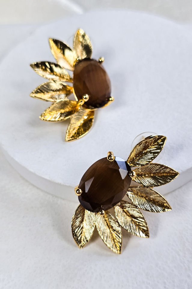 Kedi Gözü Taşlı Çiçek Küpe kahverengi